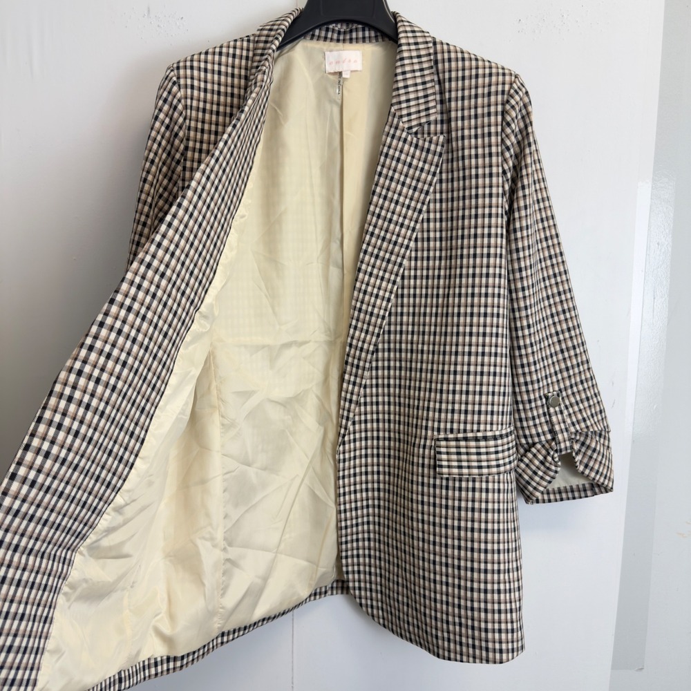 Entro Women Medium Brown Plaid Ruched 3/4 Sleeve Open Front Blazer Jacket - Picture 7 of 8